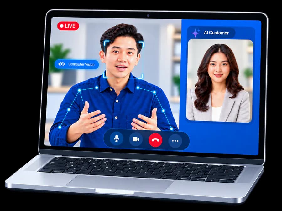Salesperson sedang berlatih dengan AI customer melalui roleplay video